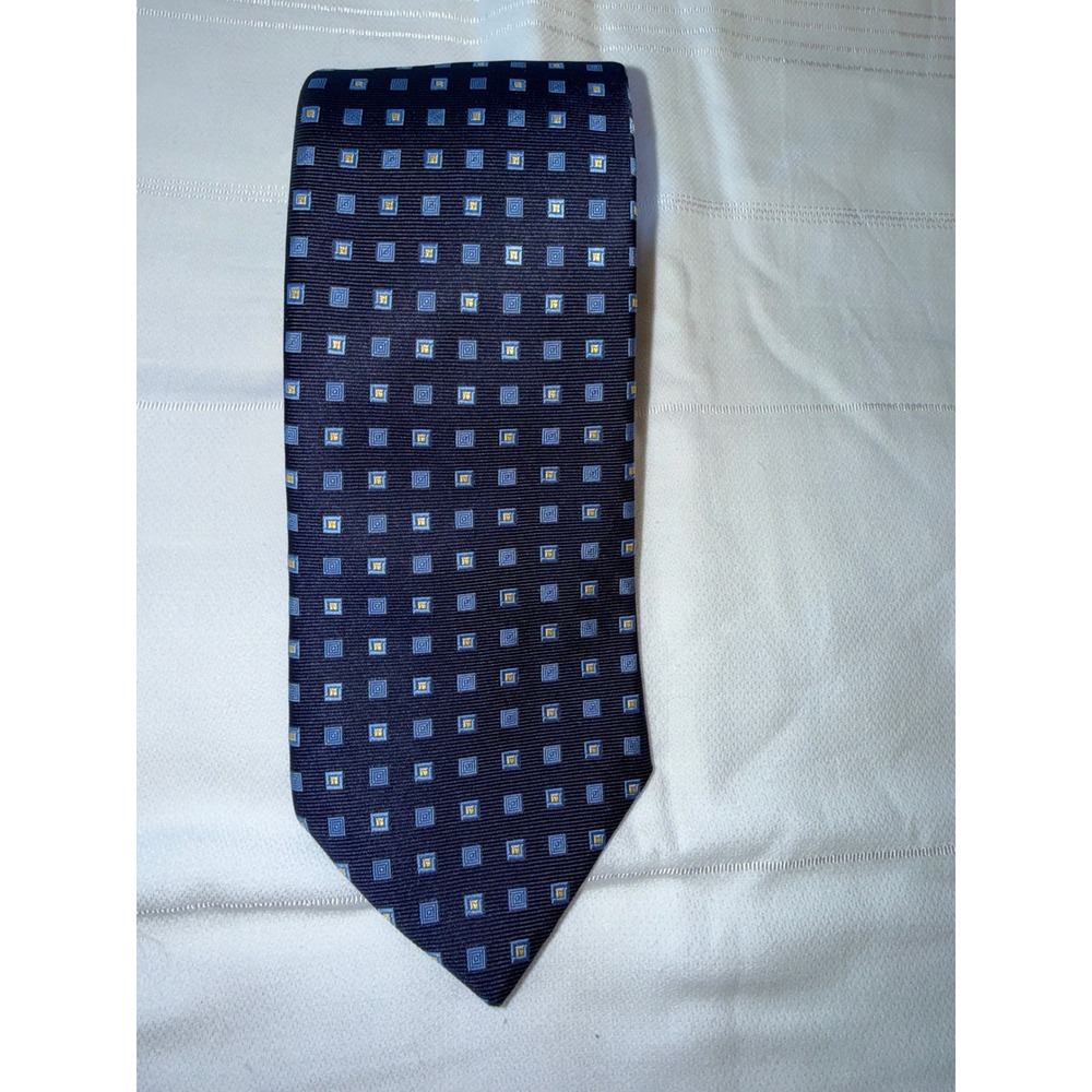 Brooks Brothers Silk Stain Resistant Geometric Tie Navy Blue Gold Blue office